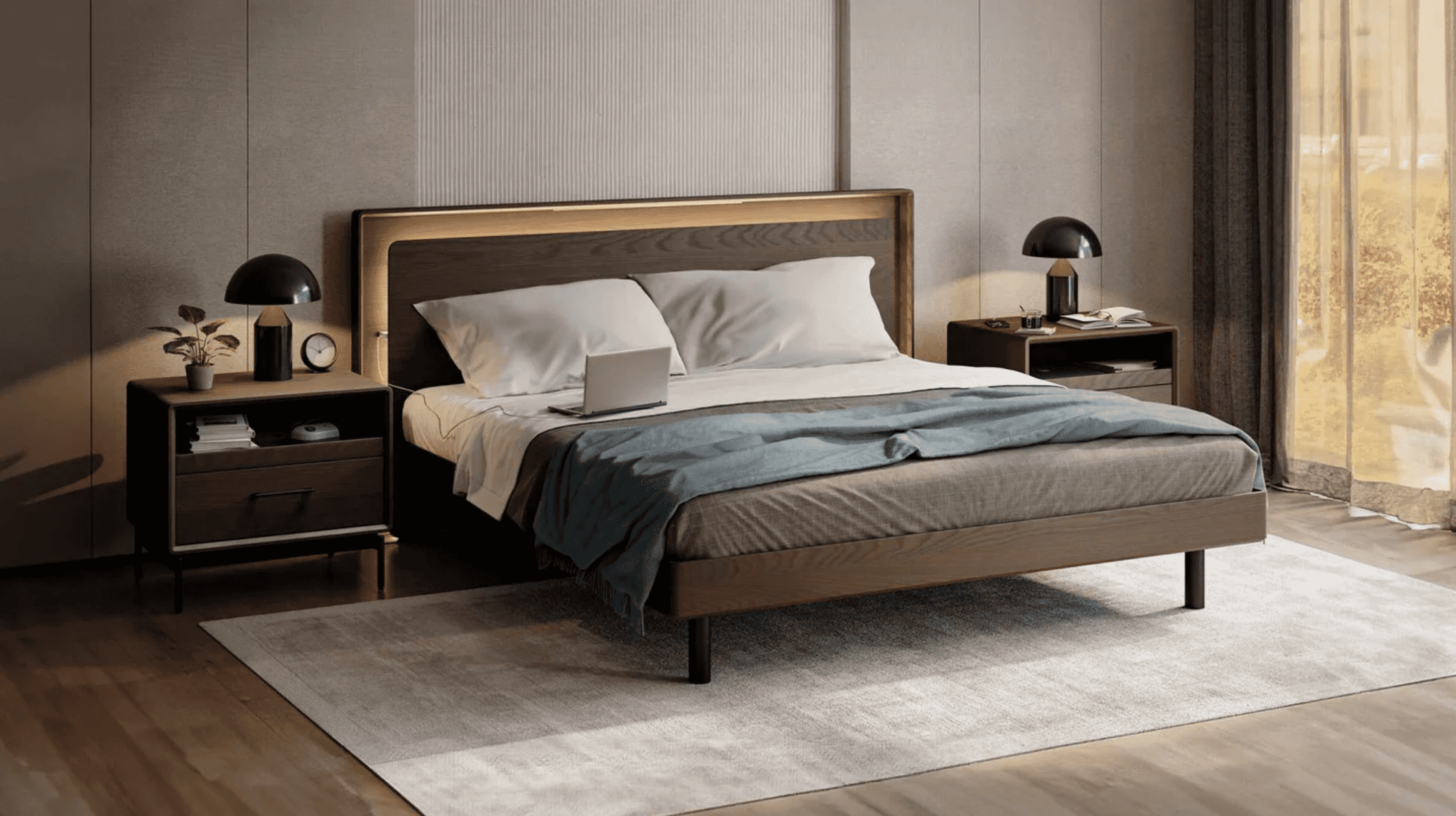 Product photo of queen sized bed with wooden bed frame…