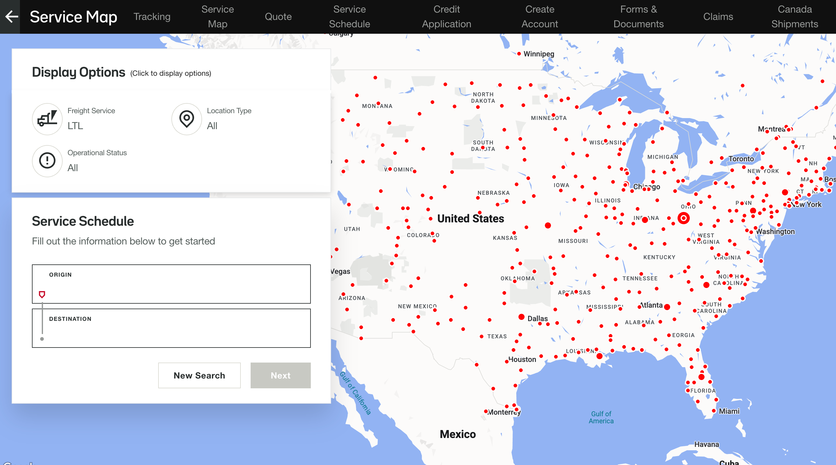 Interactive map showing map markers for company locations with services filters off to the left